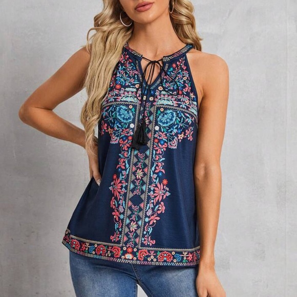 Boho Floral Print Tank Top Blouse Shirt Blue - Picture 3 of 10